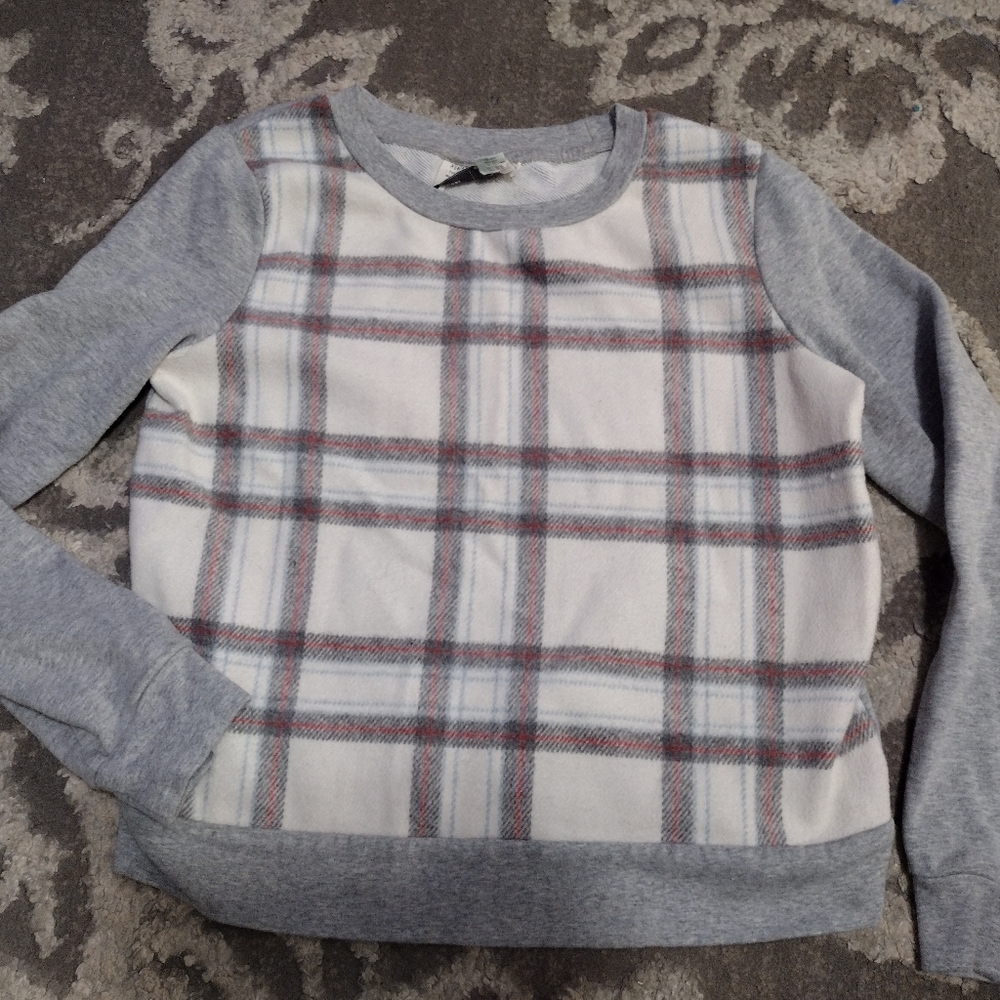 ANTHROPOLOGIE Saturday Sunday Plaid White Red Wool Front Cotton Crewneck
